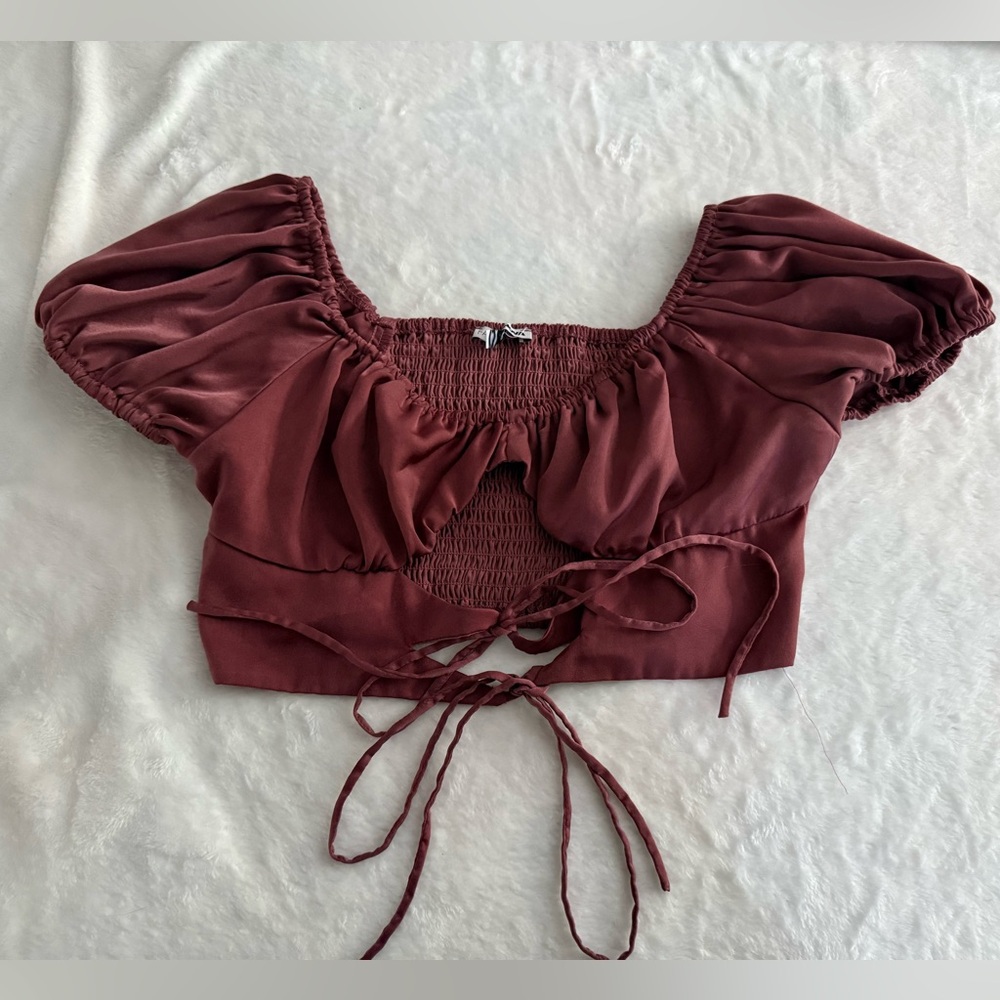 Fashion Nova Burgundy Puff Sleeves Smocked cutout Ties Crop Top M